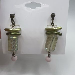 Artisan Glass Bead Dangle Iridescent  Post Back Earrings NWT 2"‎
